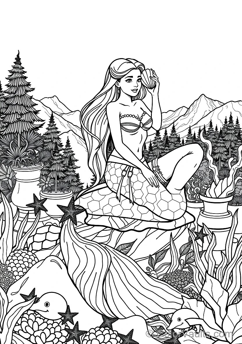 Graceful Mermaid with Long Flowing Hair Sitting (Scene 35)