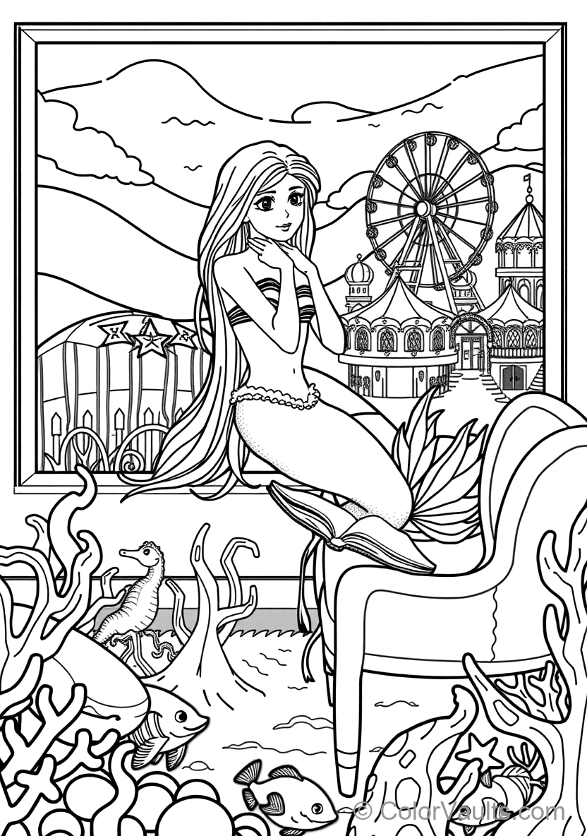 Graceful Mermaid with Long Flowing Hair Sitting (Scene 36)