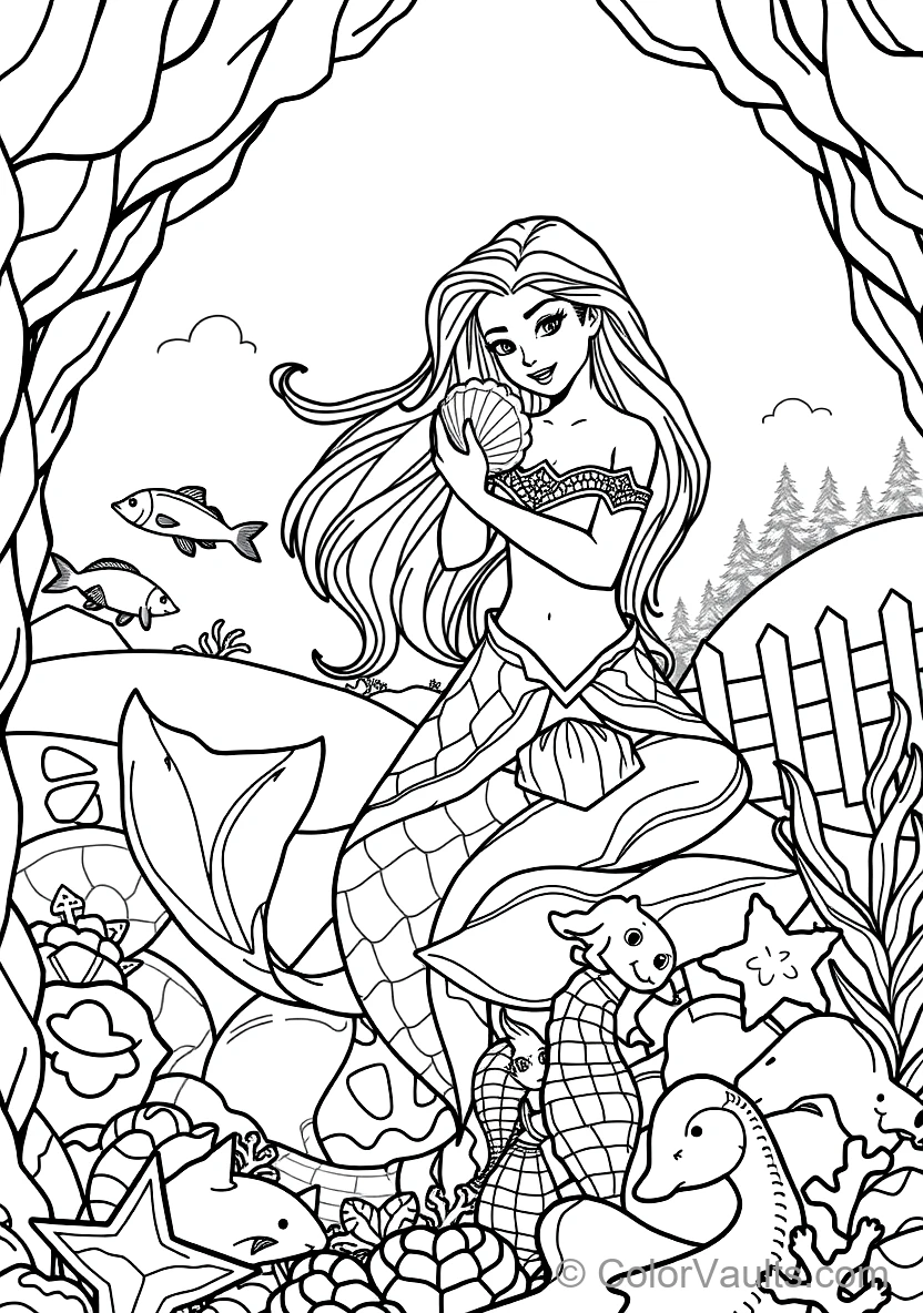 Graceful Mermaid with Long Flowing Hair Sitting (Scene 38)