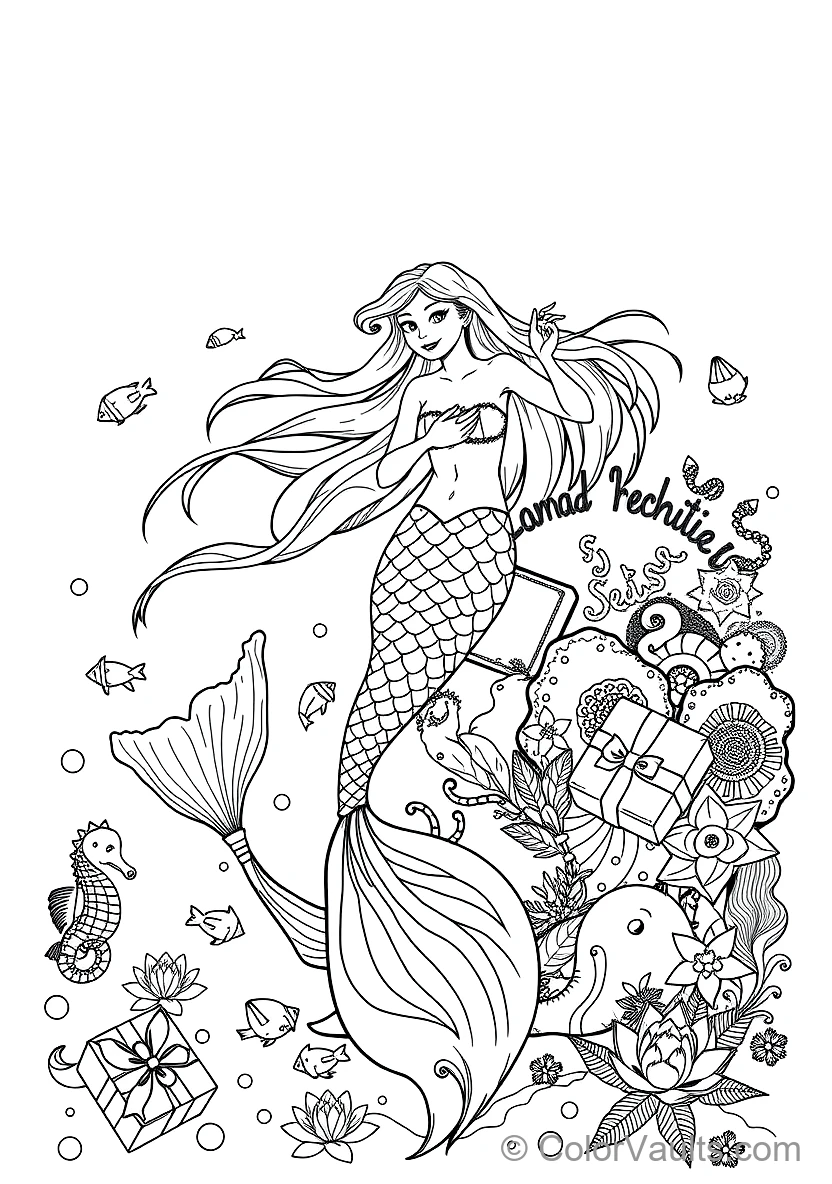 Graceful Mermaid with Long Flowing Hair Sitting (Scene 39)