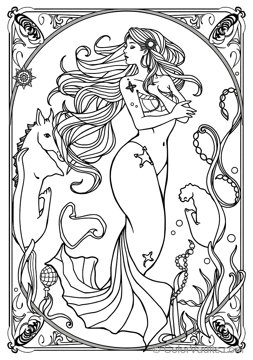 Art Nouveau Mermaid with Swirling Flowing Hair (Scene 4)