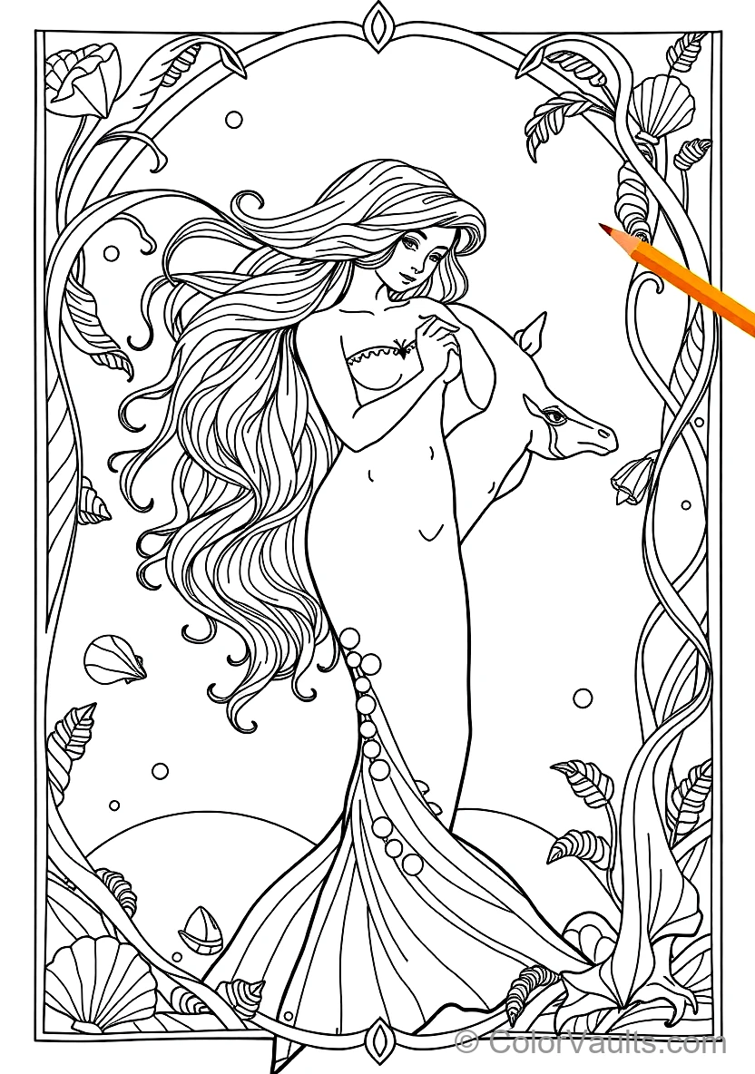Art Nouveau Mermaid with Swirling Flowing Hair (Scene 6)