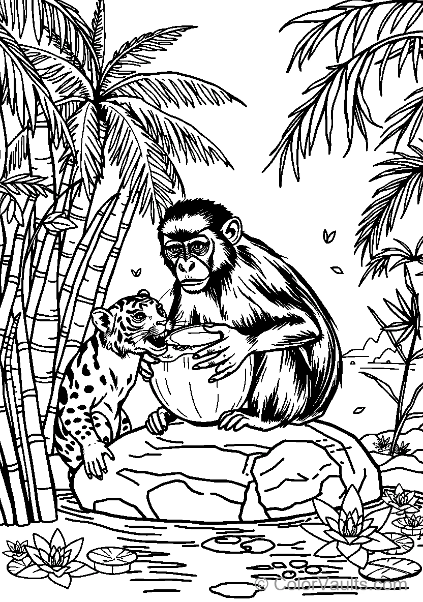 Monkey Feeding Leopard Cub