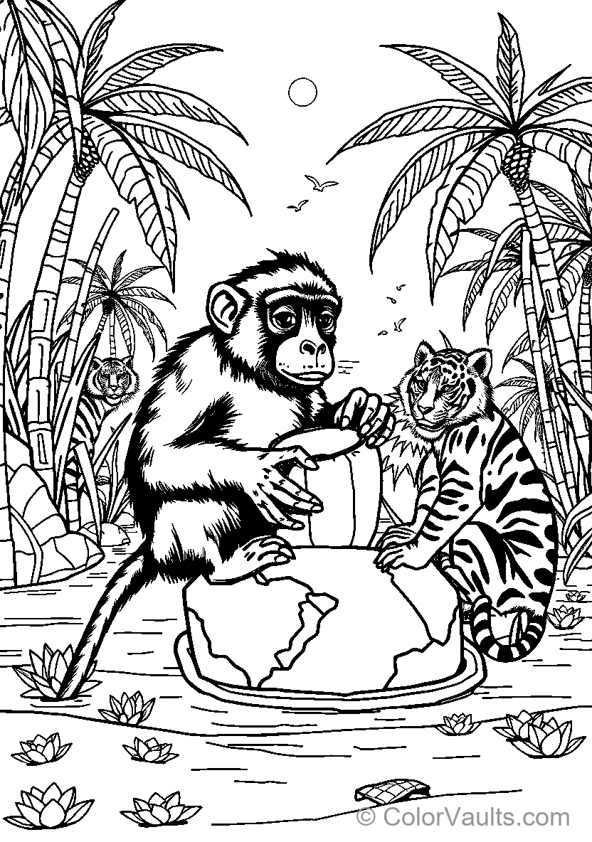 Monkey And Tiger Resting Together
