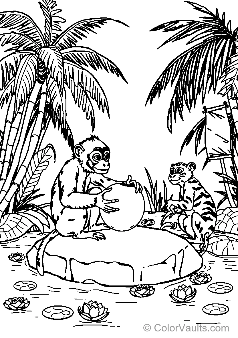 Monkey And Tiger By The Water