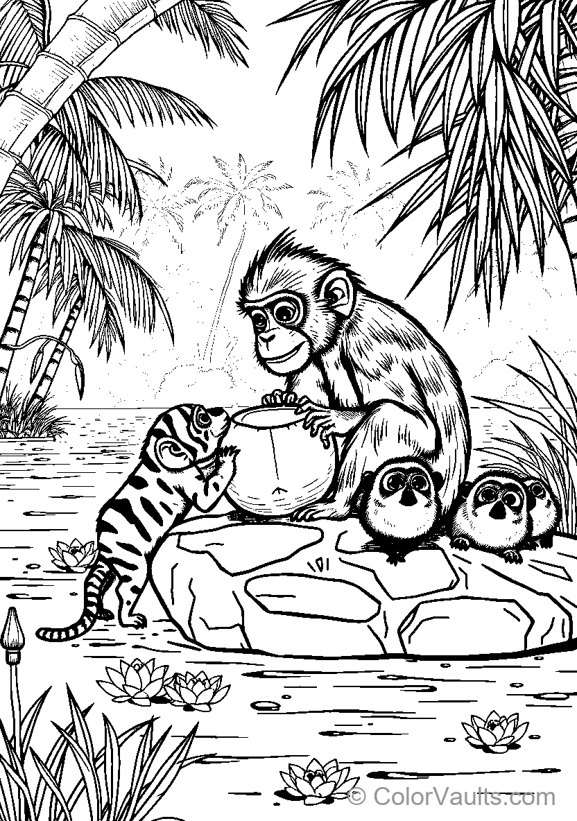 Monkeys And Tiger By Water