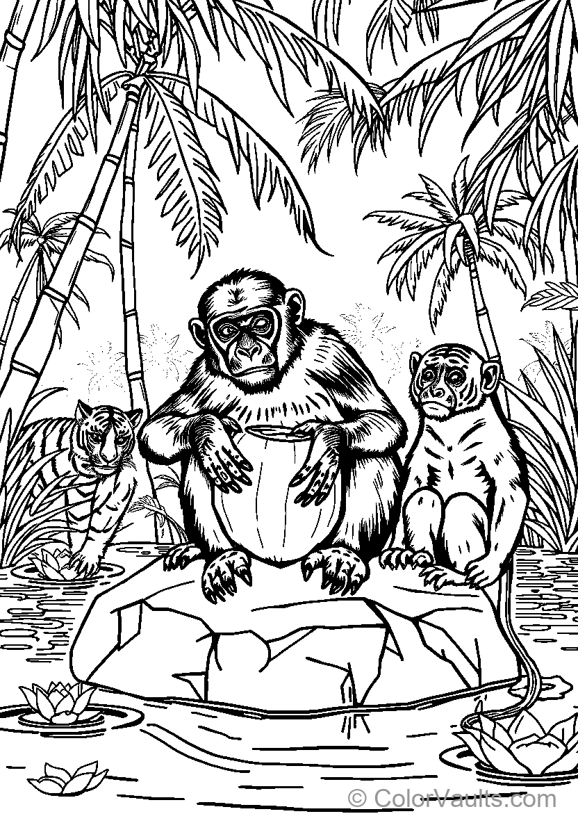 Monkeys And Tiger In Jungle Setting