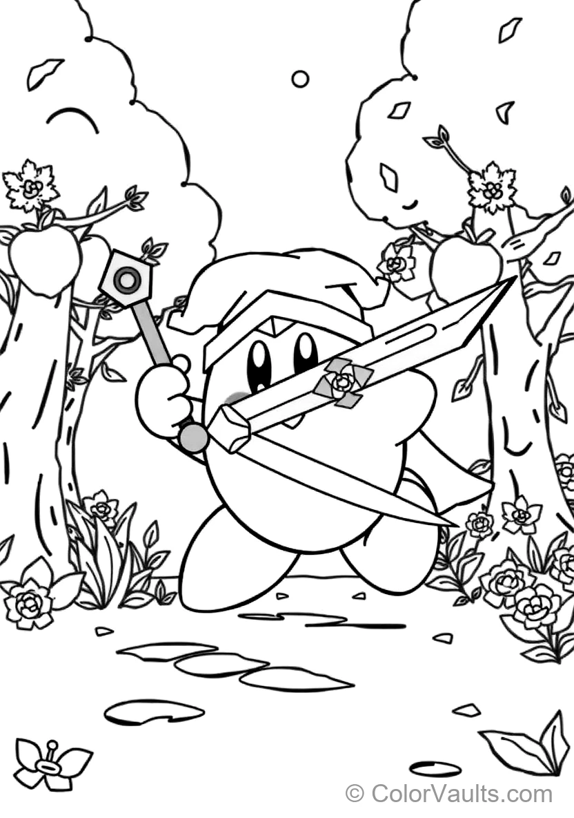 Sword Kirby Wearing a Green Elf Cap and Wielding a