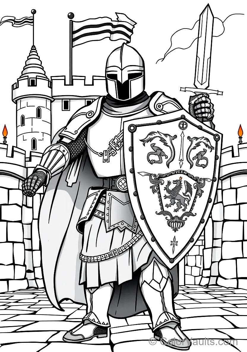 Knight Patrolling Castle Ramparts at Sunset