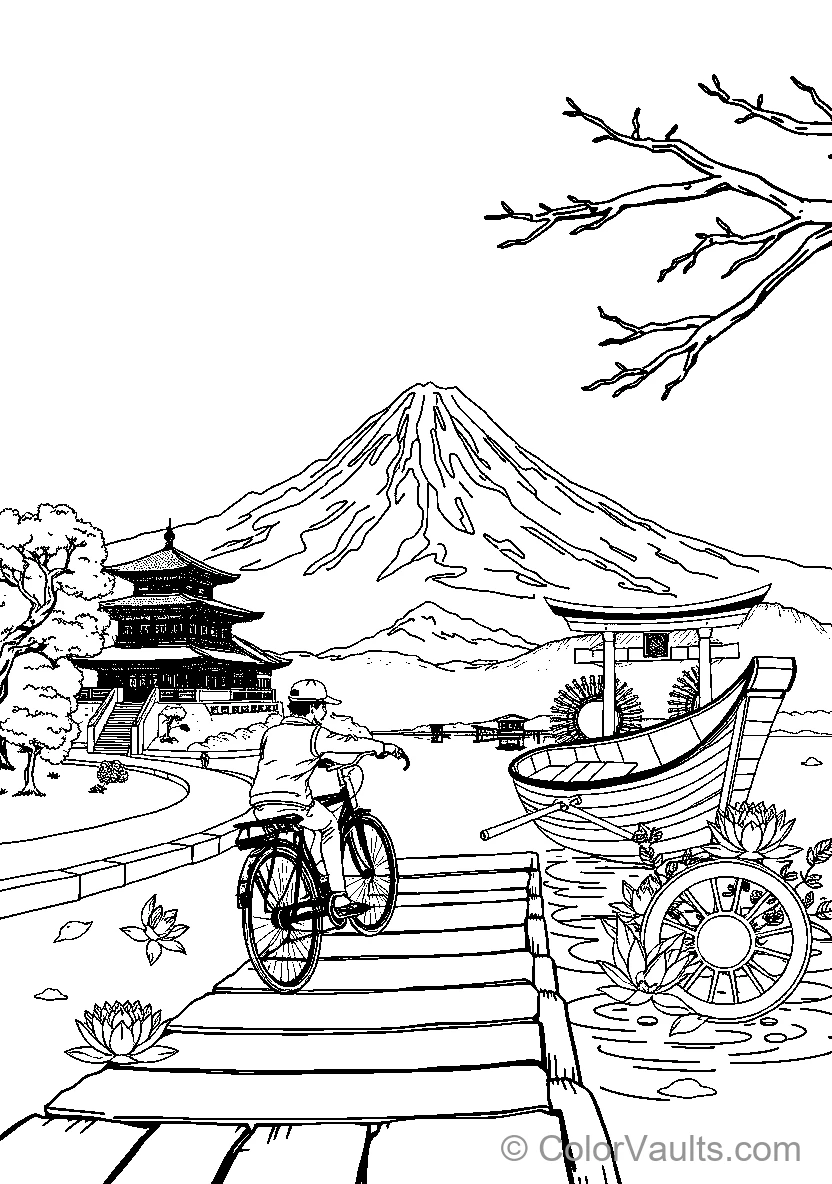 Bicyclist In Traditional Japanese Landscape