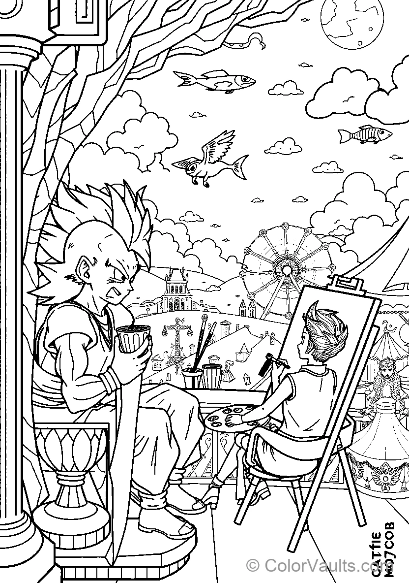 Spiky Haired Character Painting Landscape
