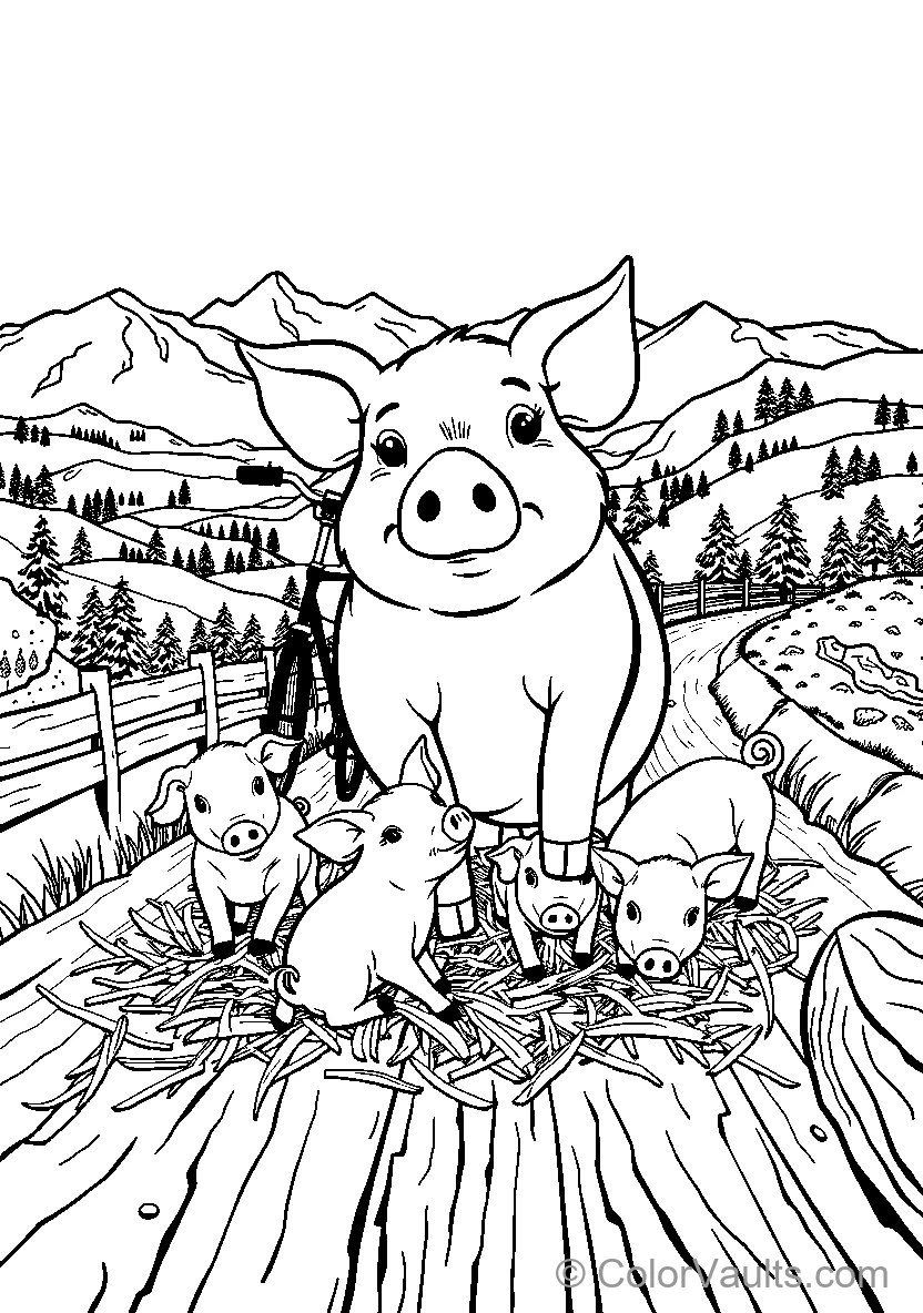 Pig Family In A Mountain Landscape
