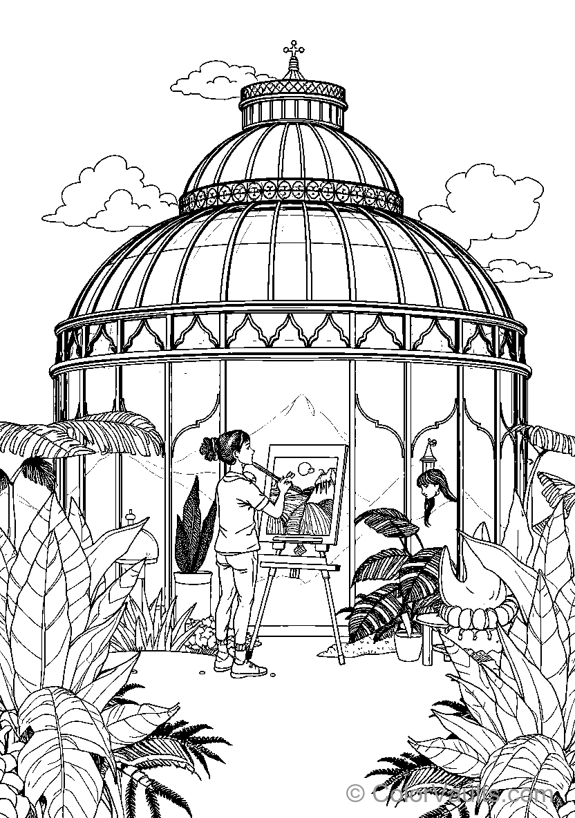 Woman Painting Landscape In Gazebo