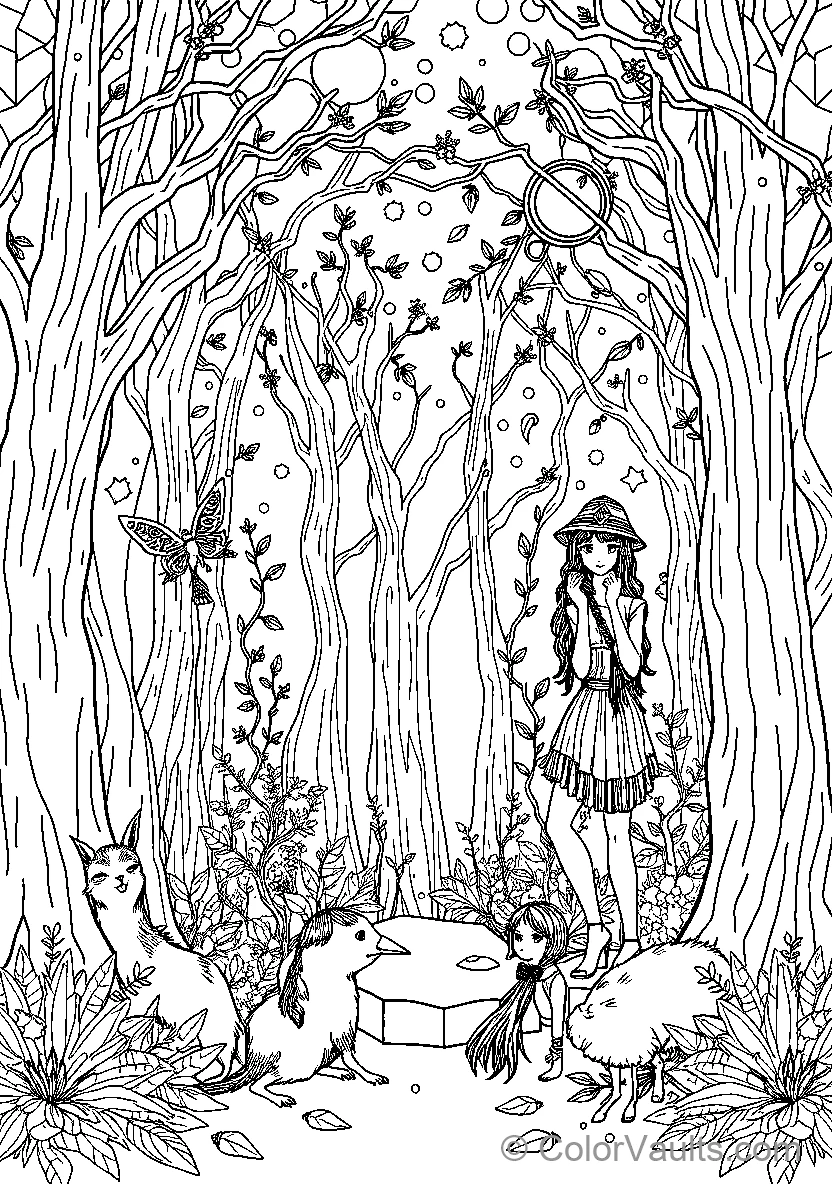 Girl in the forest with her pets