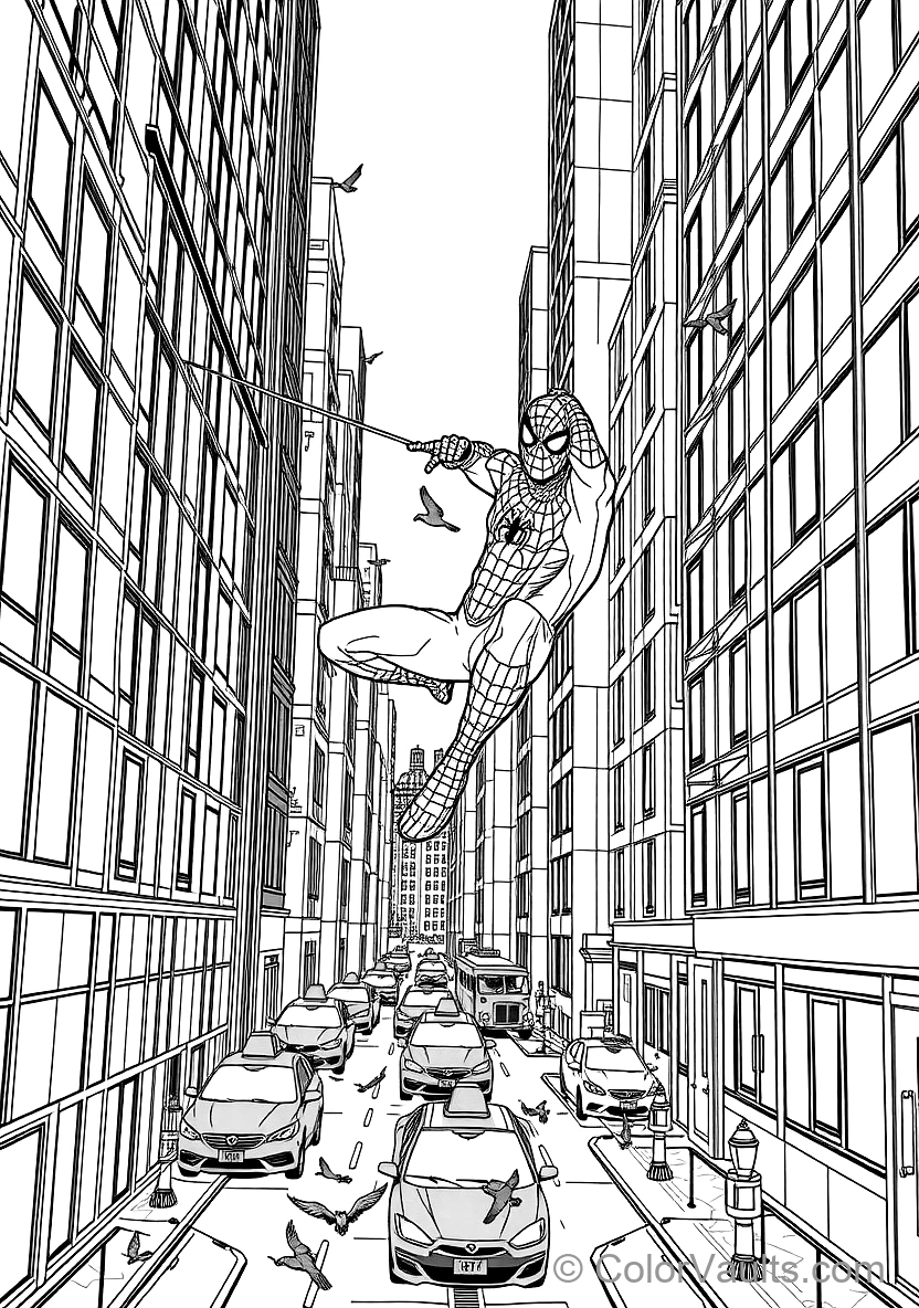 Spider-man Swinging Dynamically on a Web Line Between