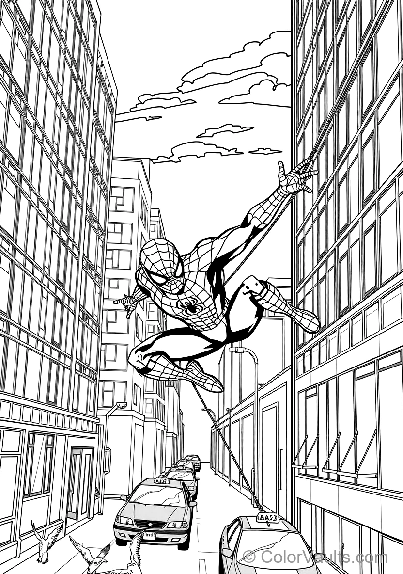 Spider-man Swinging Dynamically on a Web Line Between (Scene 2)