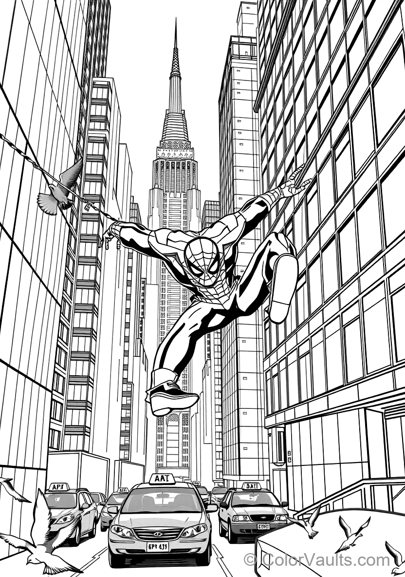 Spider-man Swinging Dynamically on a Web Line Between (Scene 3)