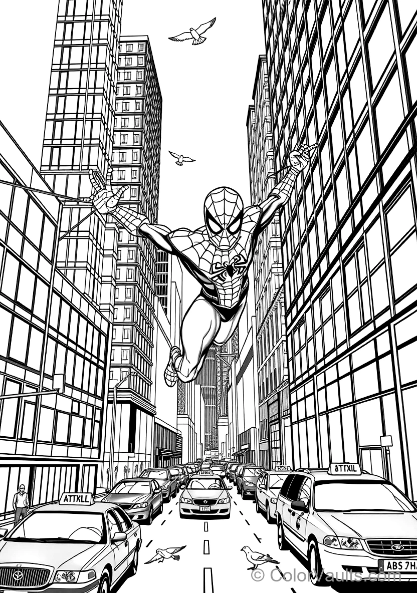 Spider-man Swinging Dynamically on a Web Line Between (Scene 4)