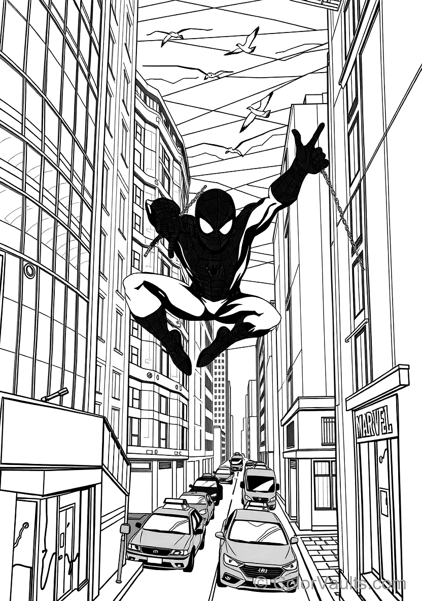 Spider-man Swinging Dynamically on a Web Line Between (Scene 6)