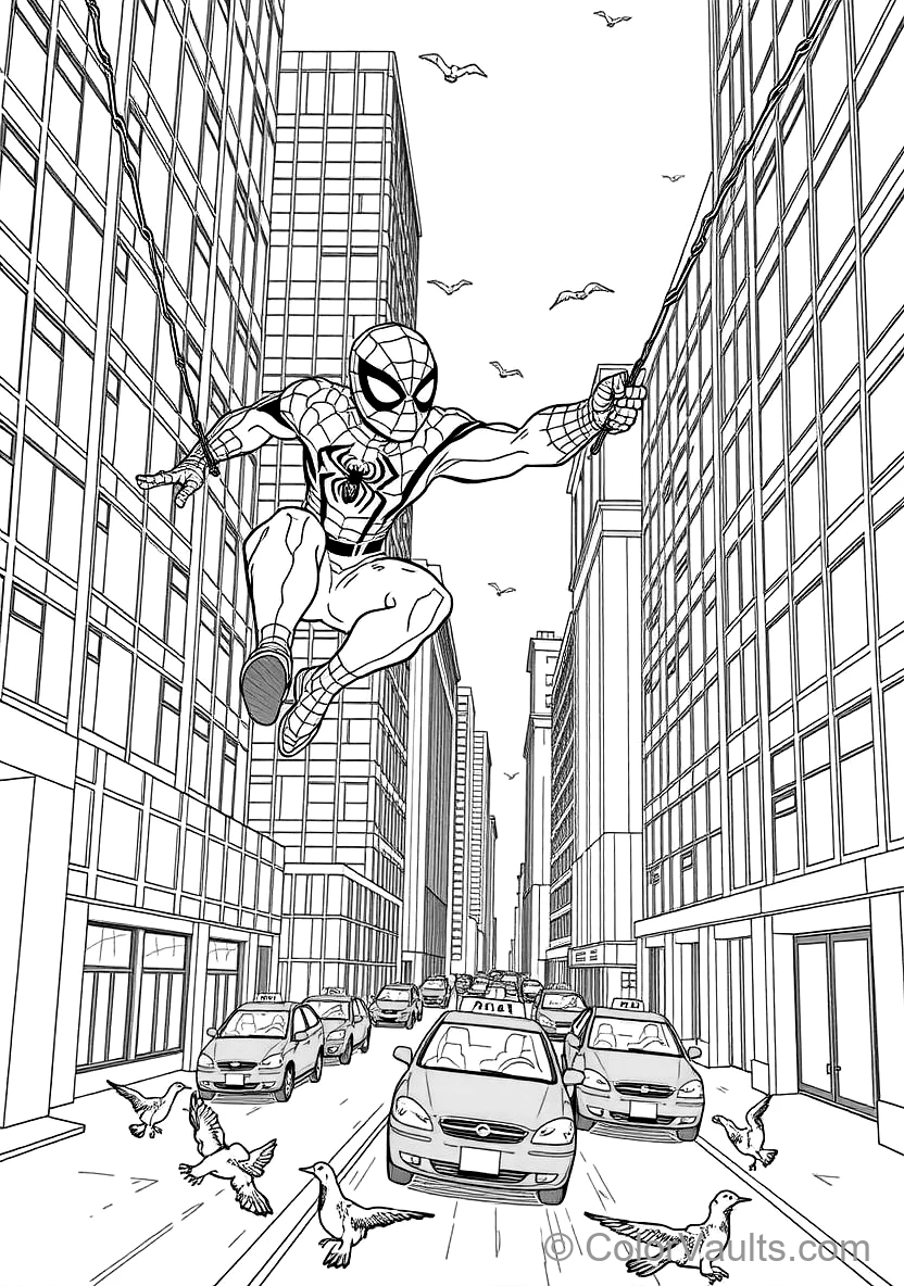 Spider-man Swinging Dynamically on a Web Line Between (Scene 7)