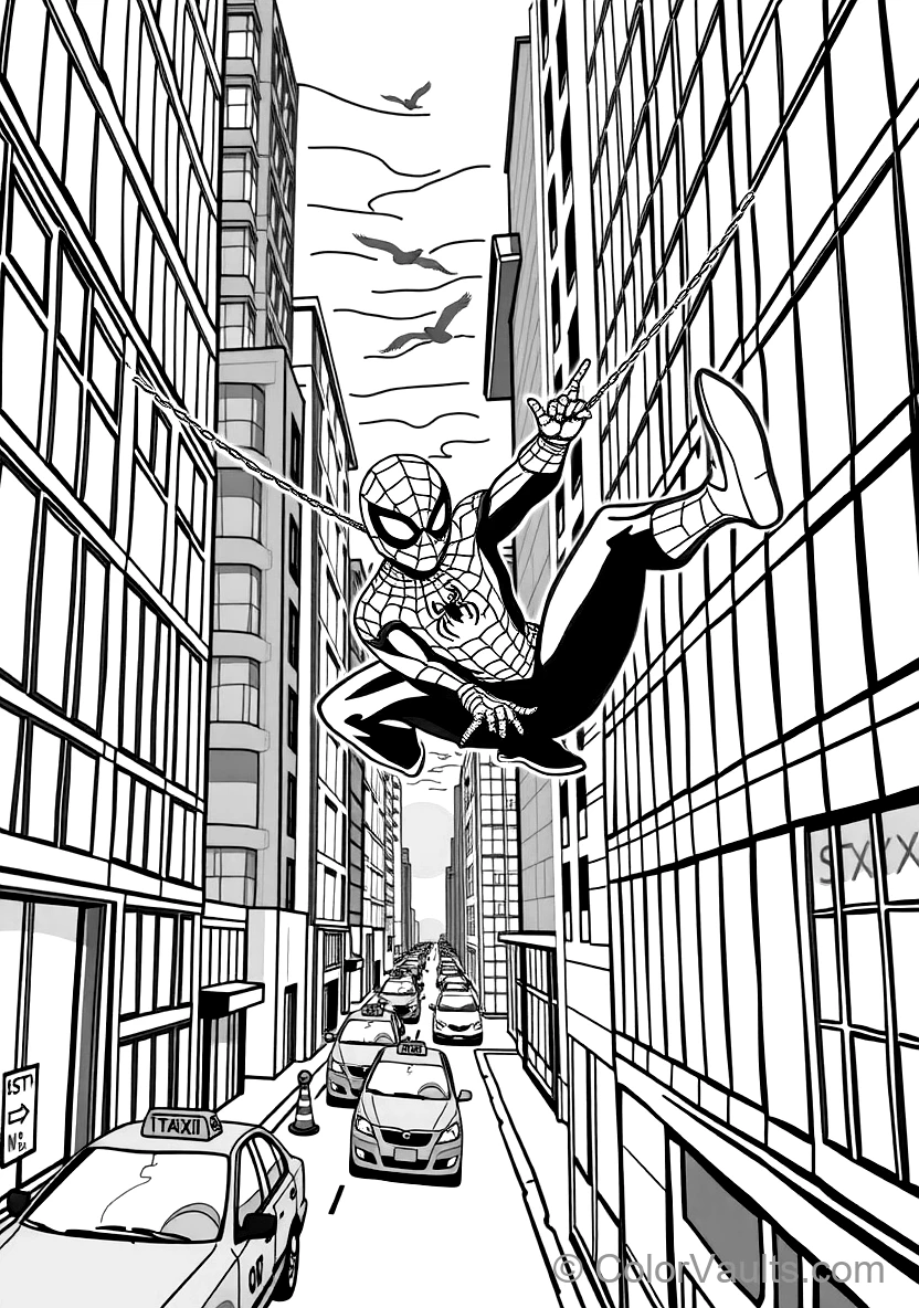 Spider-man Swinging Dynamically on a Web Line Between (Scene 8)