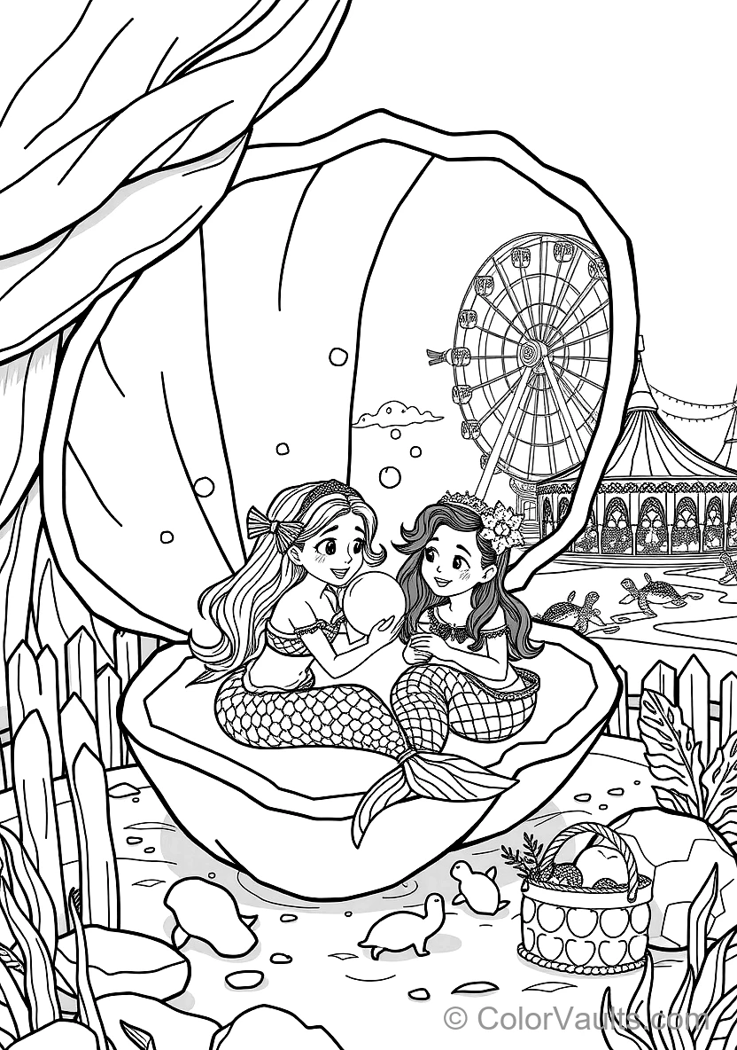 Two Mermaid Sisters Playing with a Glowing Pearl