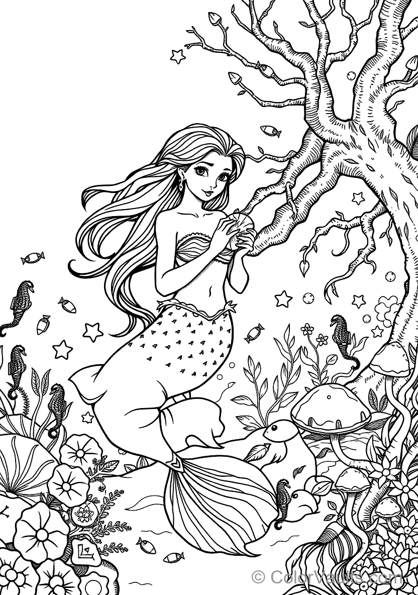 Graceful Mermaid with Long Flowing Hair Sitting (Scene 15)
