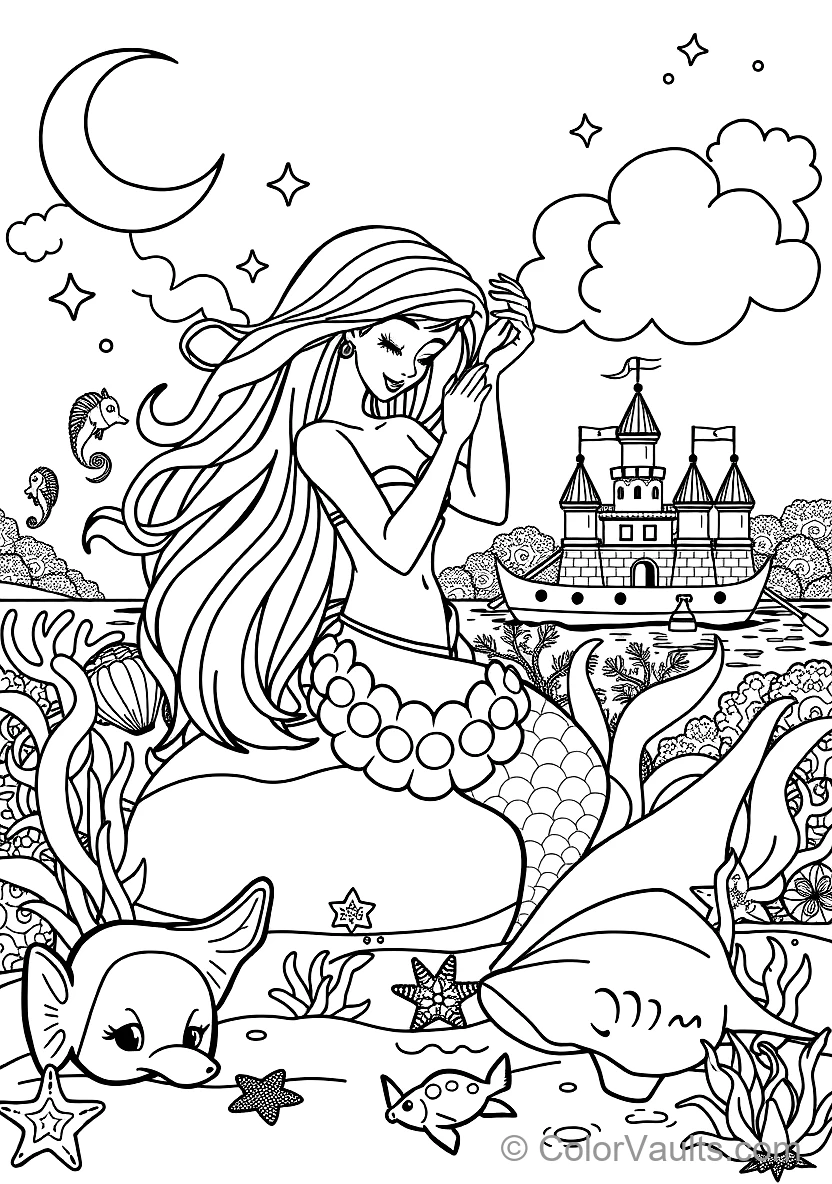 Graceful Mermaid with Long Flowing Hair Sitting (Scene 25)