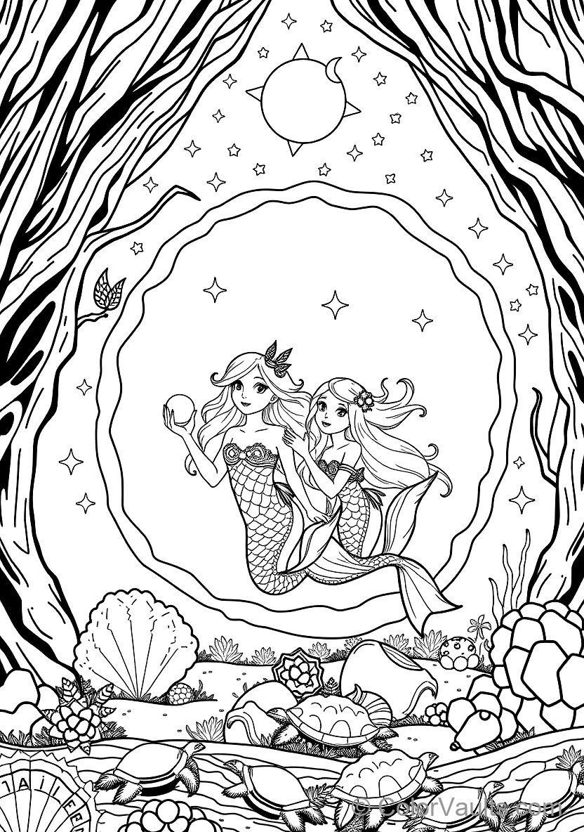 Two Mermaid Sisters Playing with a Glowing Pearl (Scene 21)