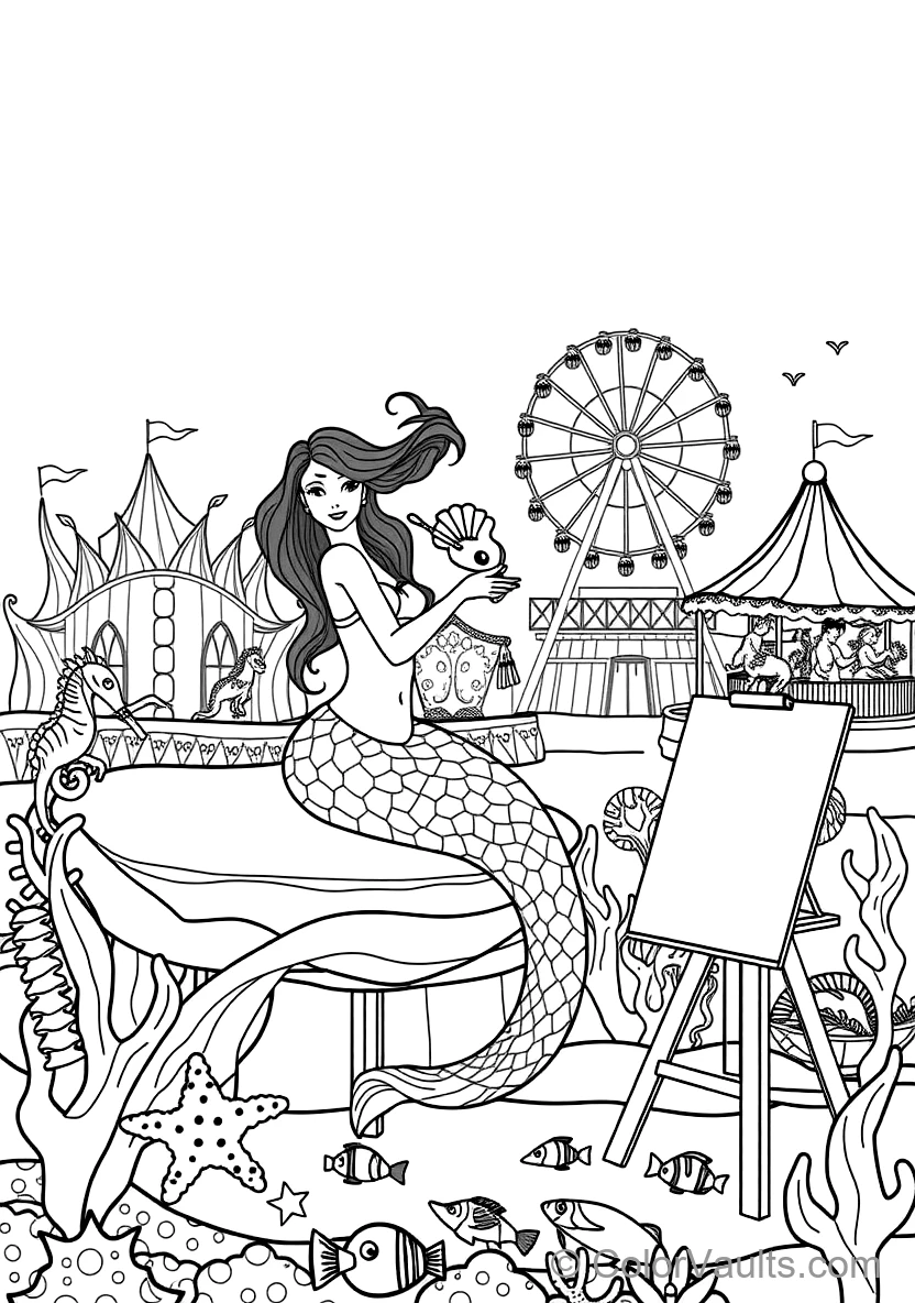Graceful Mermaid with Long Flowing Hair Sitting (Scene 33)