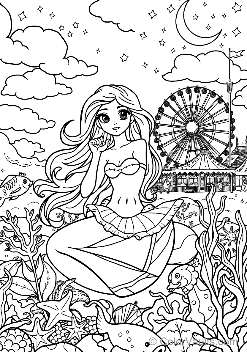 Graceful Mermaid with Long Flowing Hair Sitting (Scene 35)