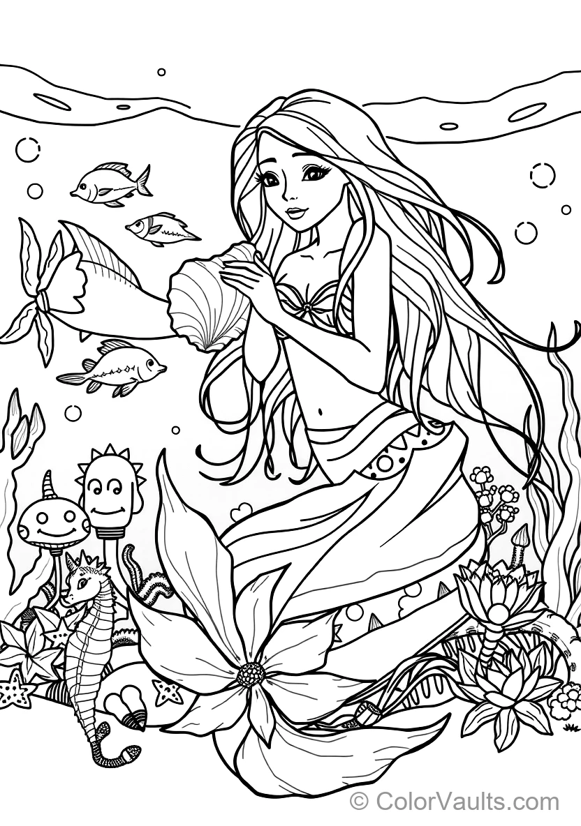 Graceful Mermaid with Long Flowing Hair Sitting (Scene 37)