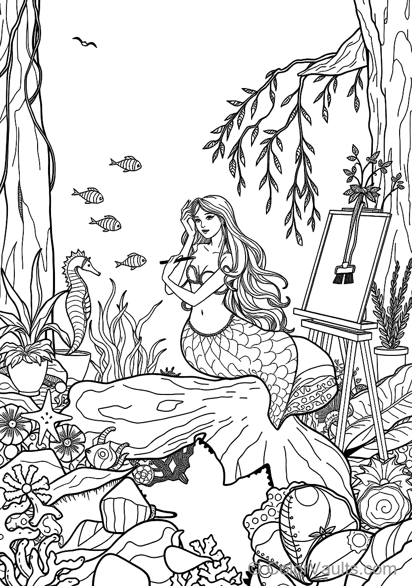 Graceful Zeemeermin met Long Flowing Hair Sitting (Scène 45)