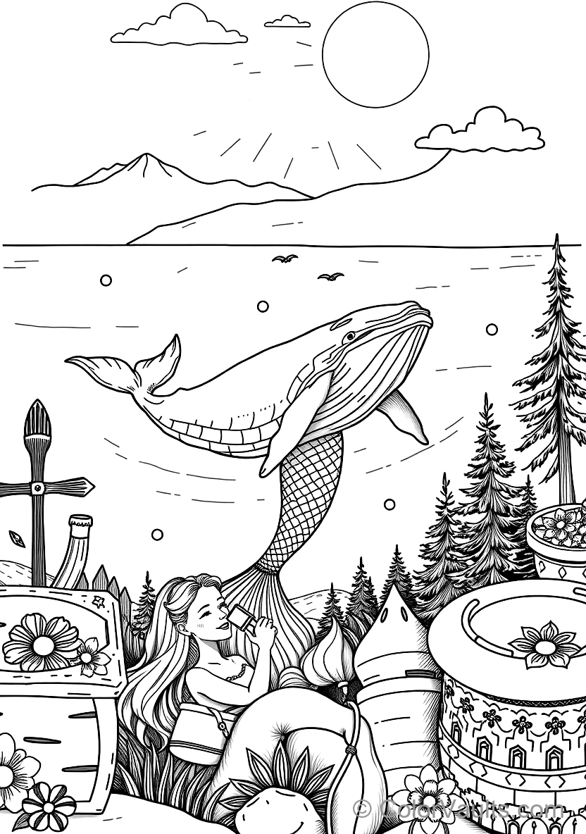 Zeemeermin Zwemmend Alongside een Vriendelijke Humpback Whale (Scène 45)
