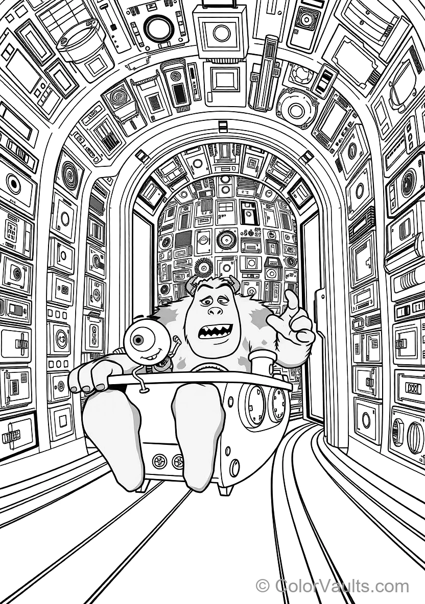 Sulley and Mike Riding a Moving Roller-coaster Door