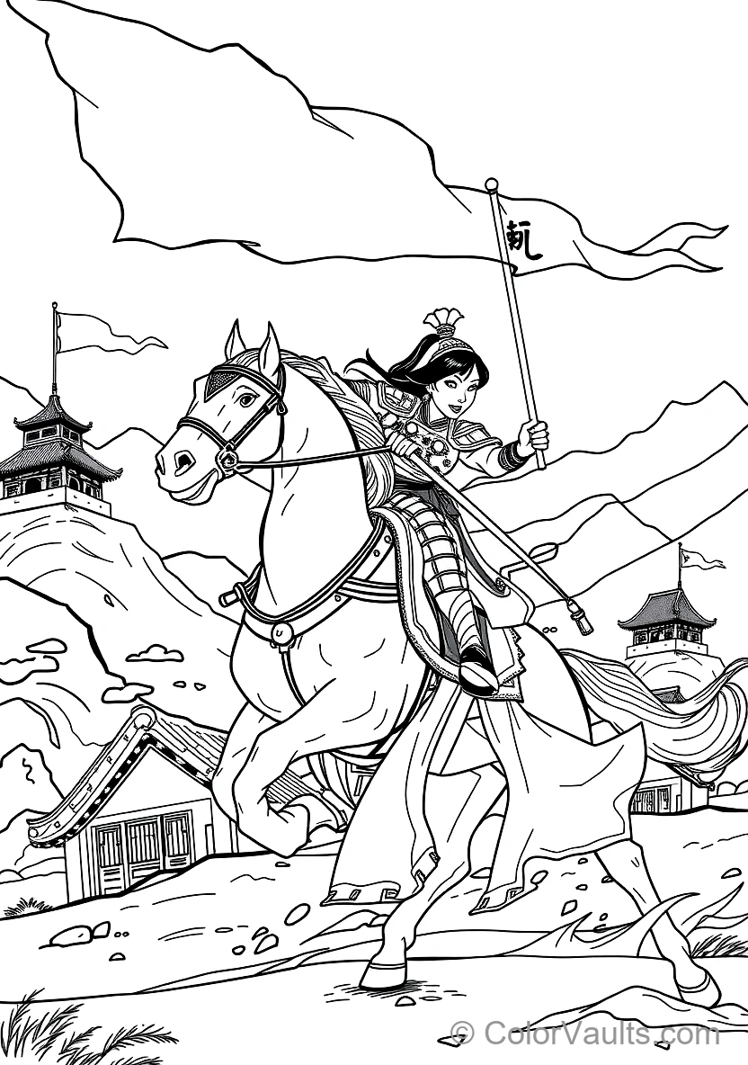 Mulan on Her Loyal Black Horse Khan in Battle