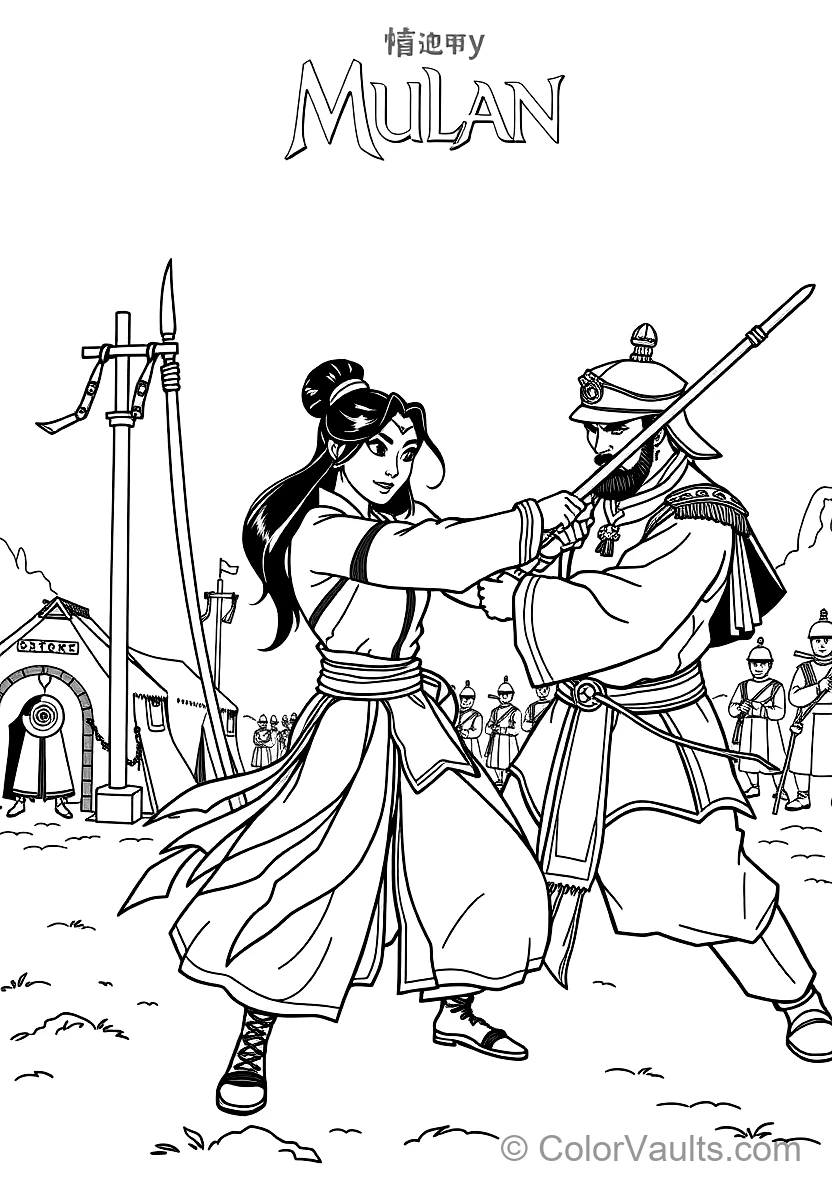 Mulan and Captain Li Shang Sparring with Wooden (Scene 15)