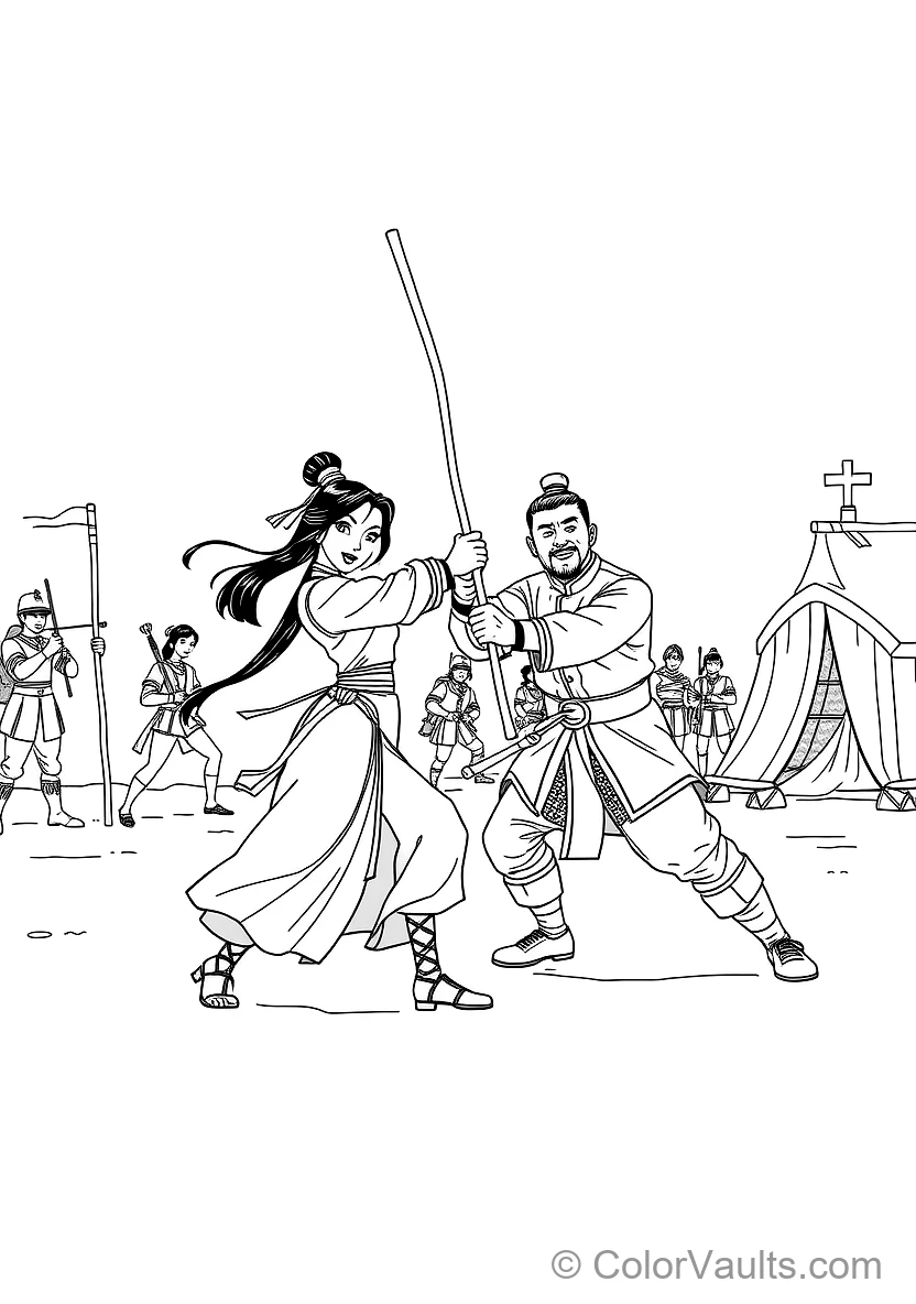 Mulan and Captain Li Shang Sparring with Wooden (Scene 19)