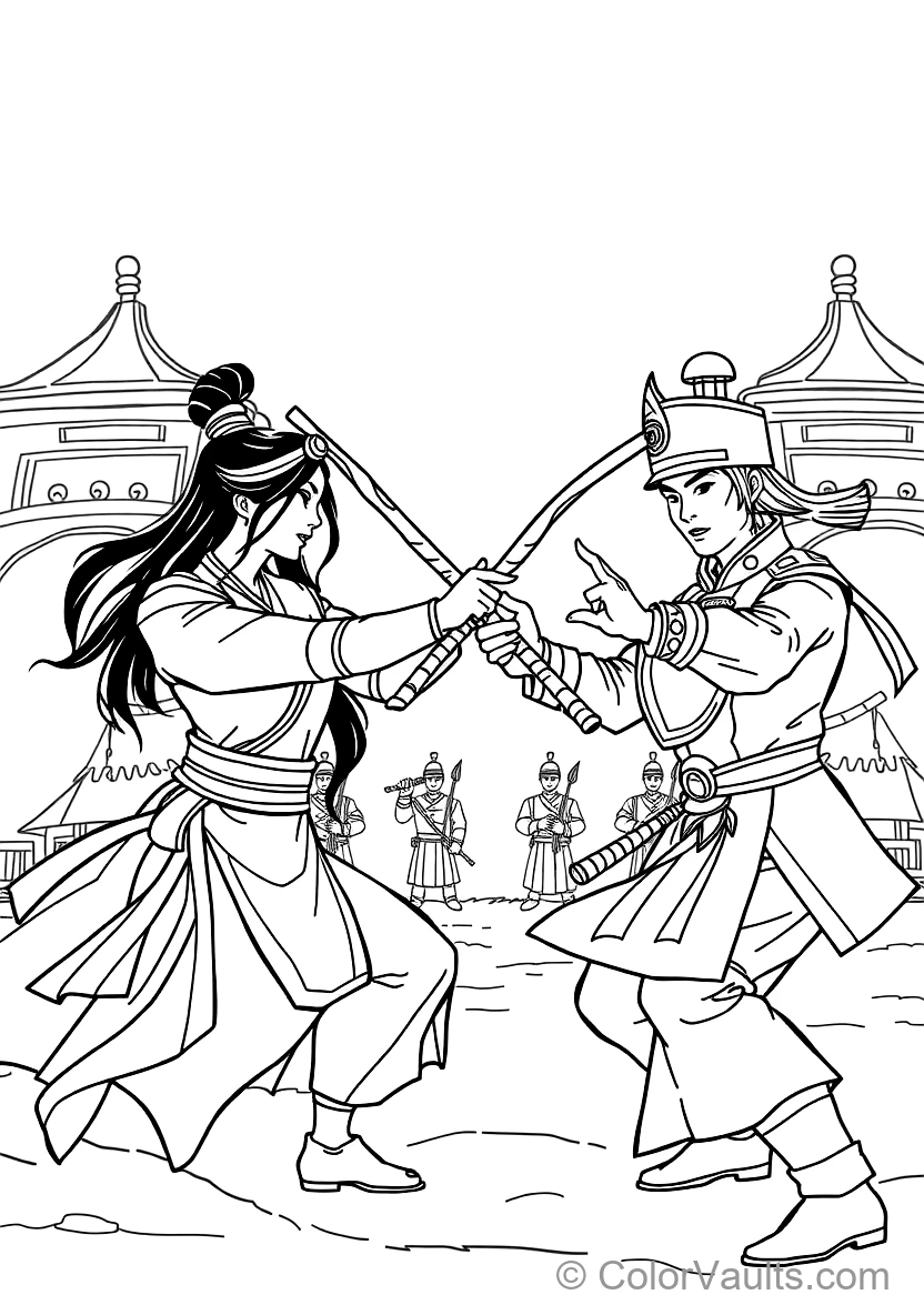 Mulan and Captain Li Shang Sparring with Wooden (Scene 35)
