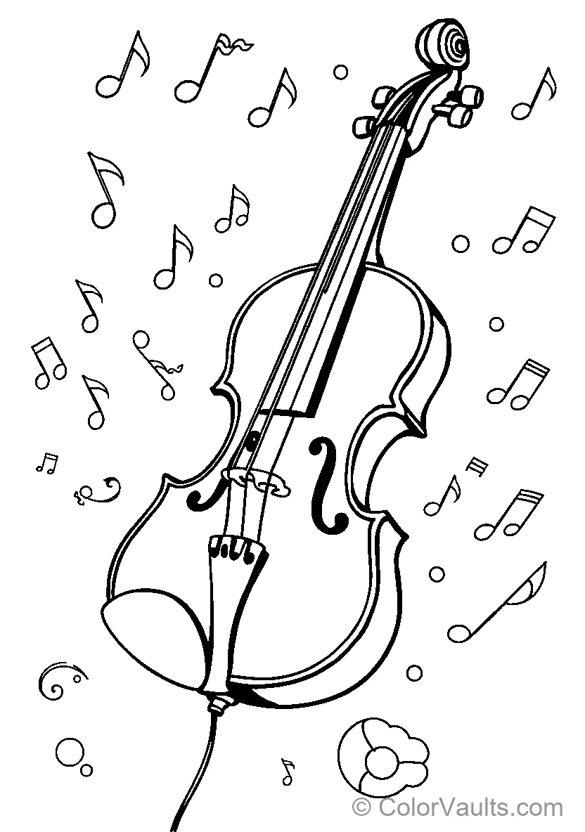 Coloring Page with Violin and Music Notes
