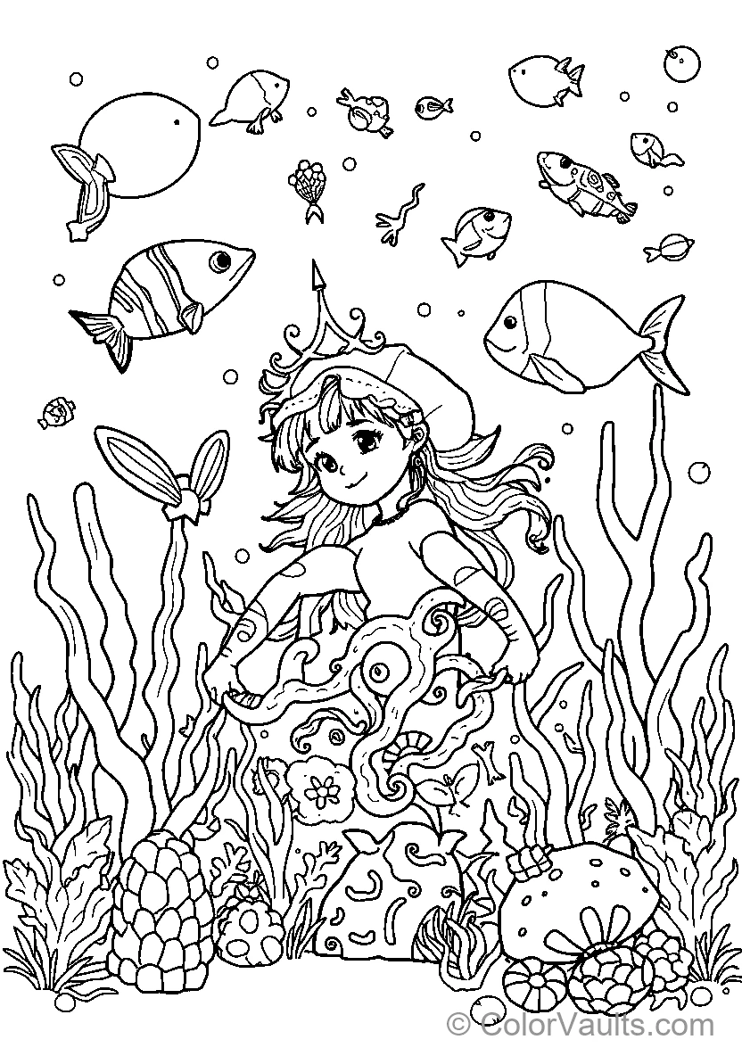 Mermaid in an underwater garden - Free Printable Coloring Page | ColorVaults