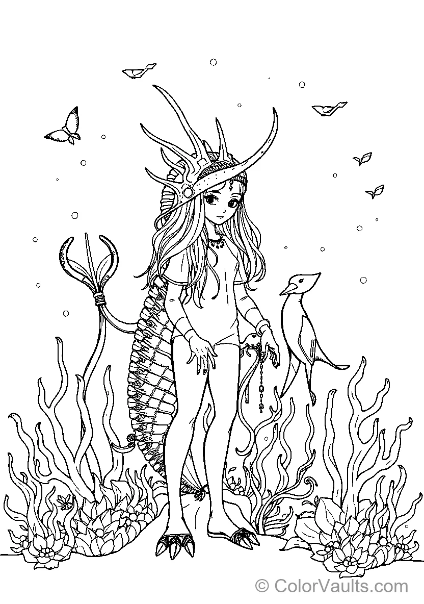 Mermaid with Deer Antlers - Free Printable Coloring Page | ColorVaults