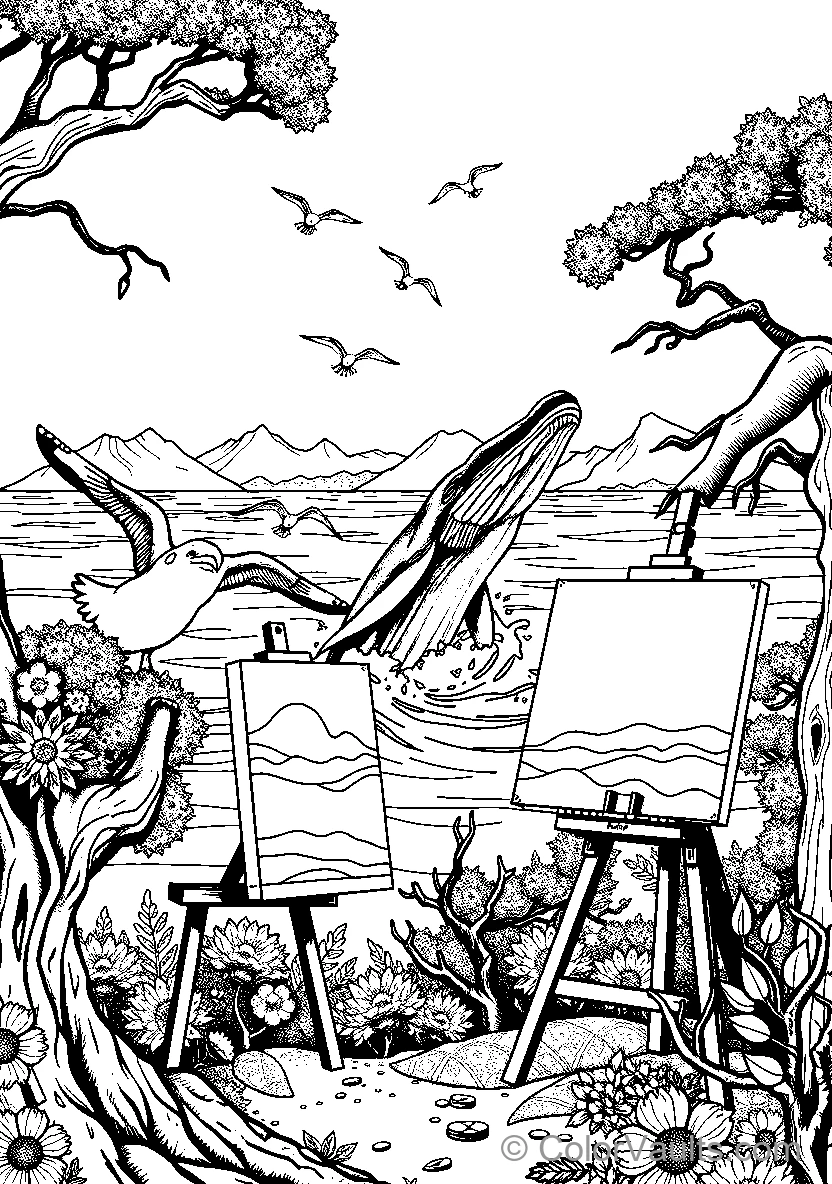 Seagulls And Whales Painting Landscape