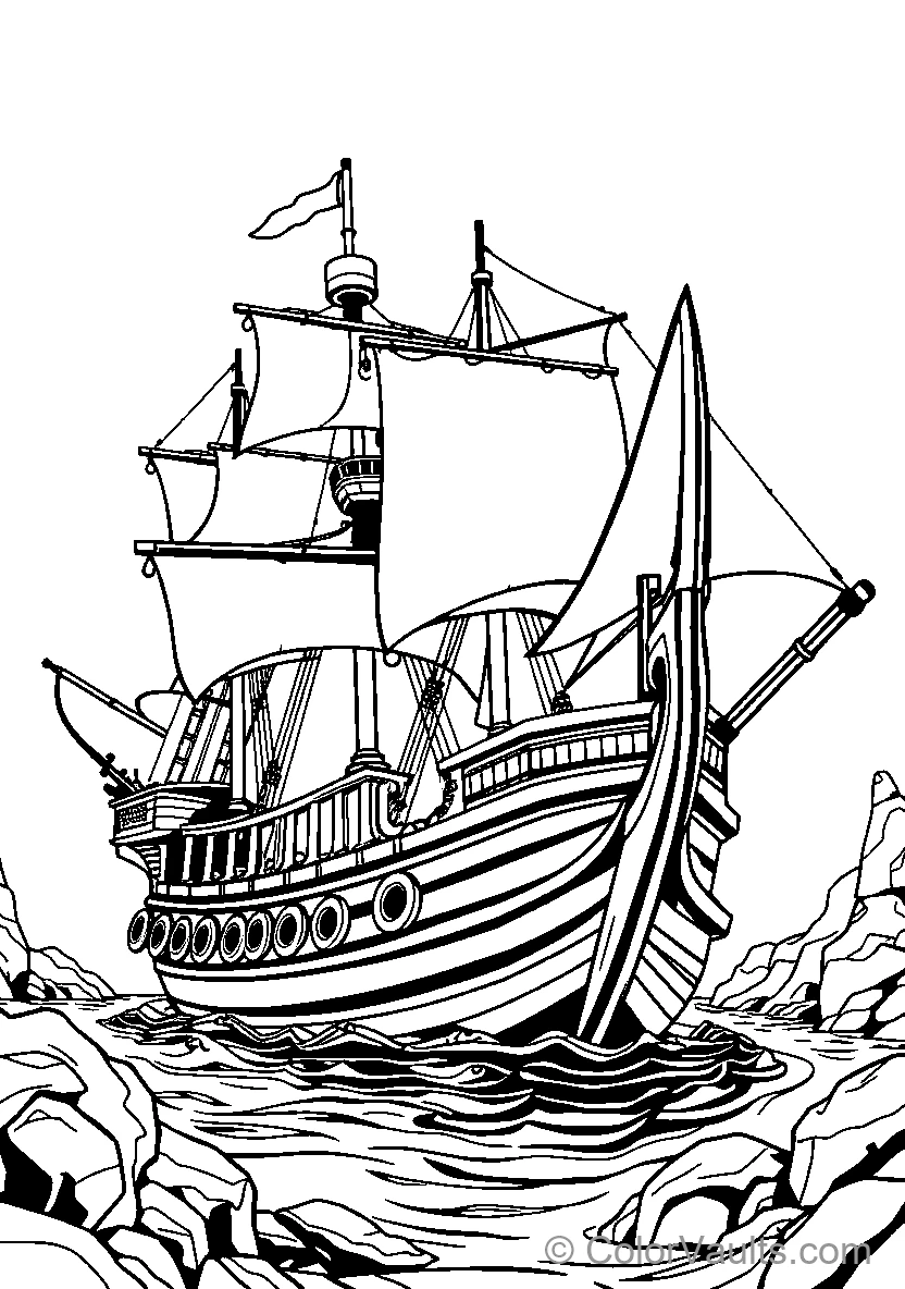A sailing ship in rocky waters