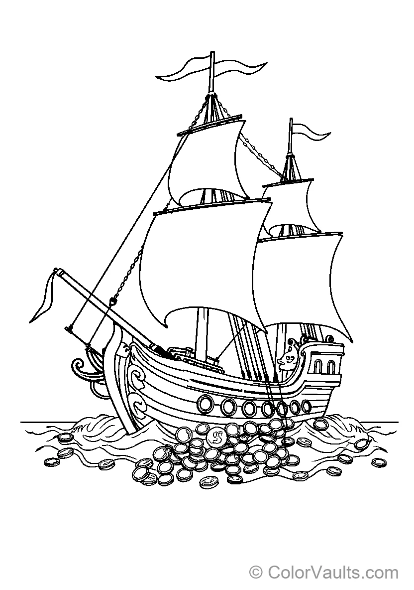 A sinking pirate ship spilling treasure