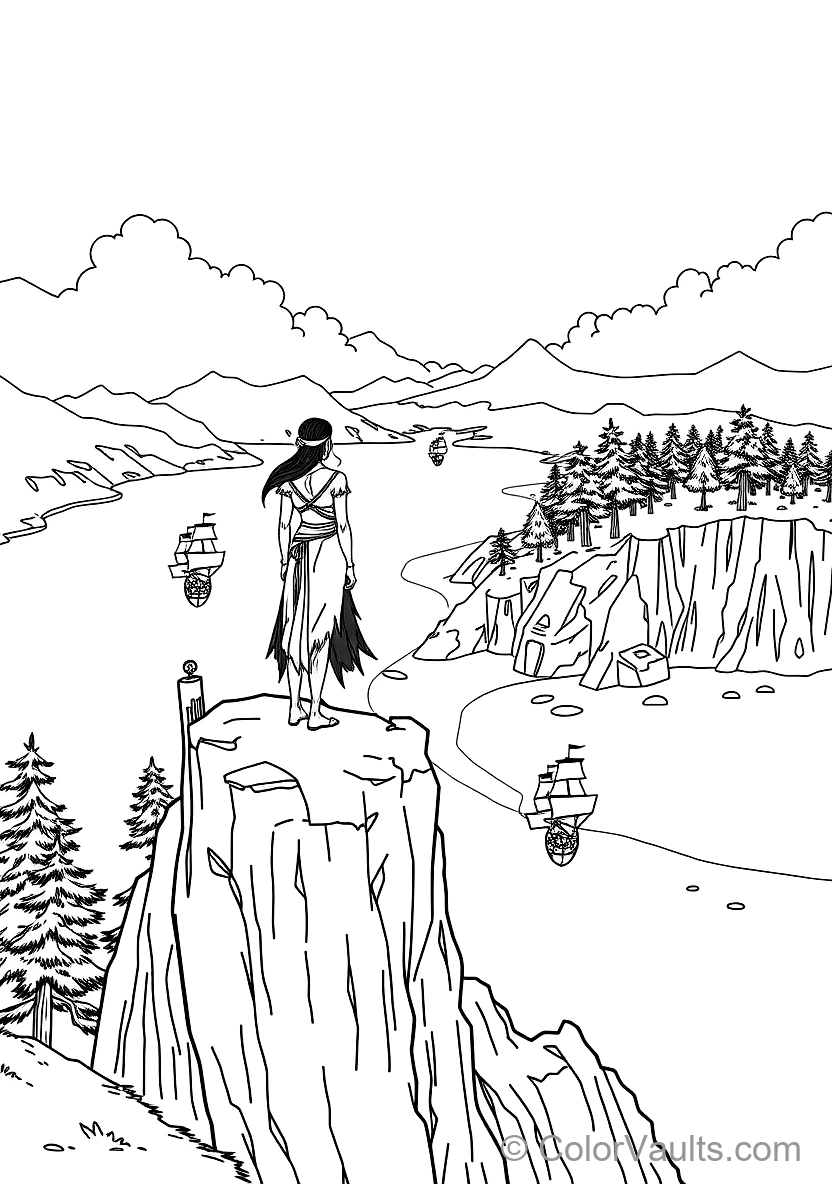 Pocahontas Standing Atop a Towering River Cliff Gazing (Scene 36)