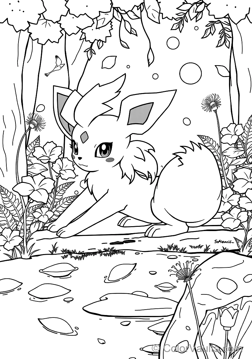 Leafeon with Leaf-shaped Ears and Tail Resting on a Giant Lily Pad (Scene 2)