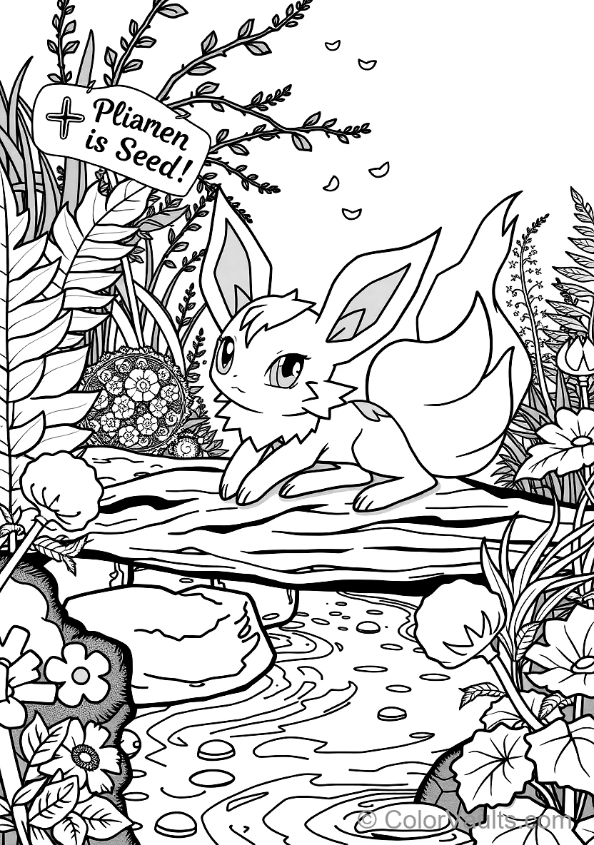 Leafeon with Leaf-shaped Ears and Tail Resting on a Giant Lily Pad (Scene 3)