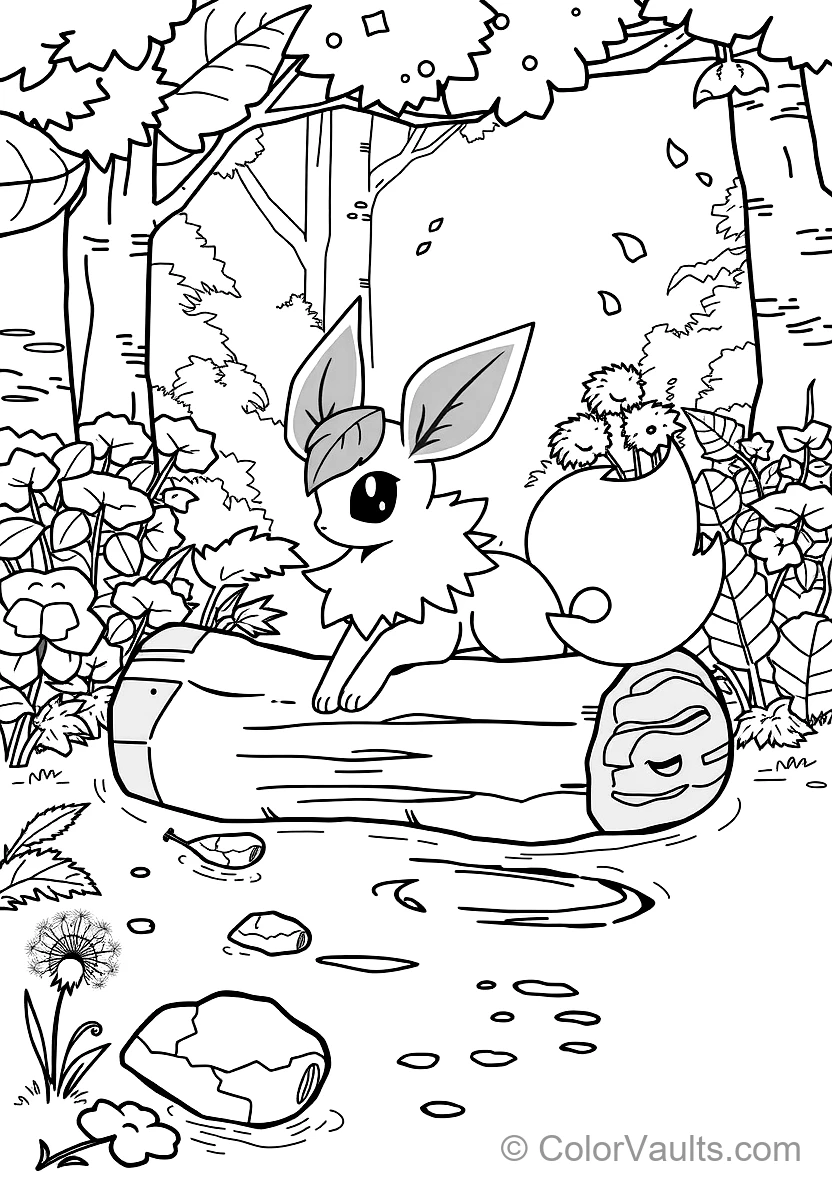 Leafeon with Leaf-shaped Ears and Tail Resting on a Giant Lily Pad (Scene 4)