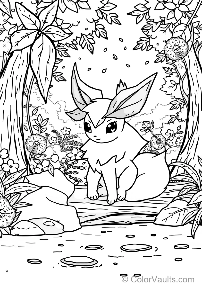 Leafeon with Leaf-shaped Ears and Tail Resting on a Giant Lily Pad (Scene 5)